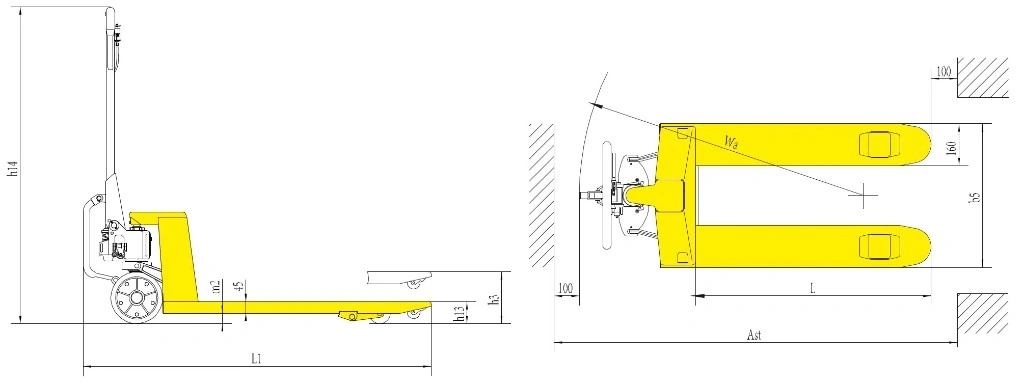 Dimenzije ručnog paletnog viljuškara sa mehaničkim pomoćnim pogonom RPVM2500