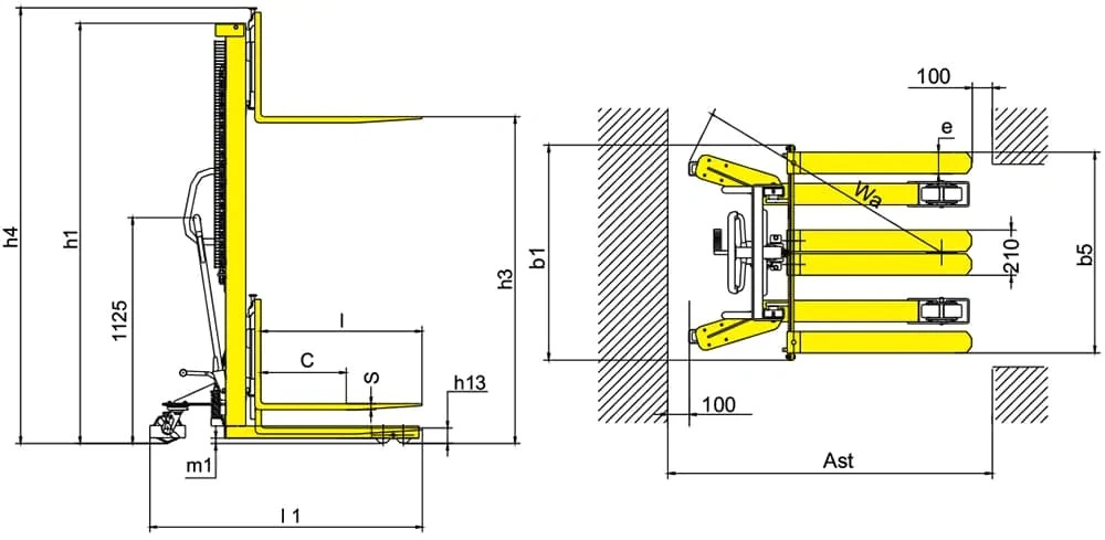 Dimenzije ručnog slagača paleta RVV2000-KPV i RVV2000T-KPV