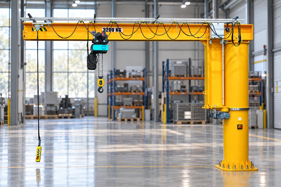 Comege RSD potpuno rotirajuća stubna konzolna dizalica sa električnom lančanom dizalicom u industrijskoj hali